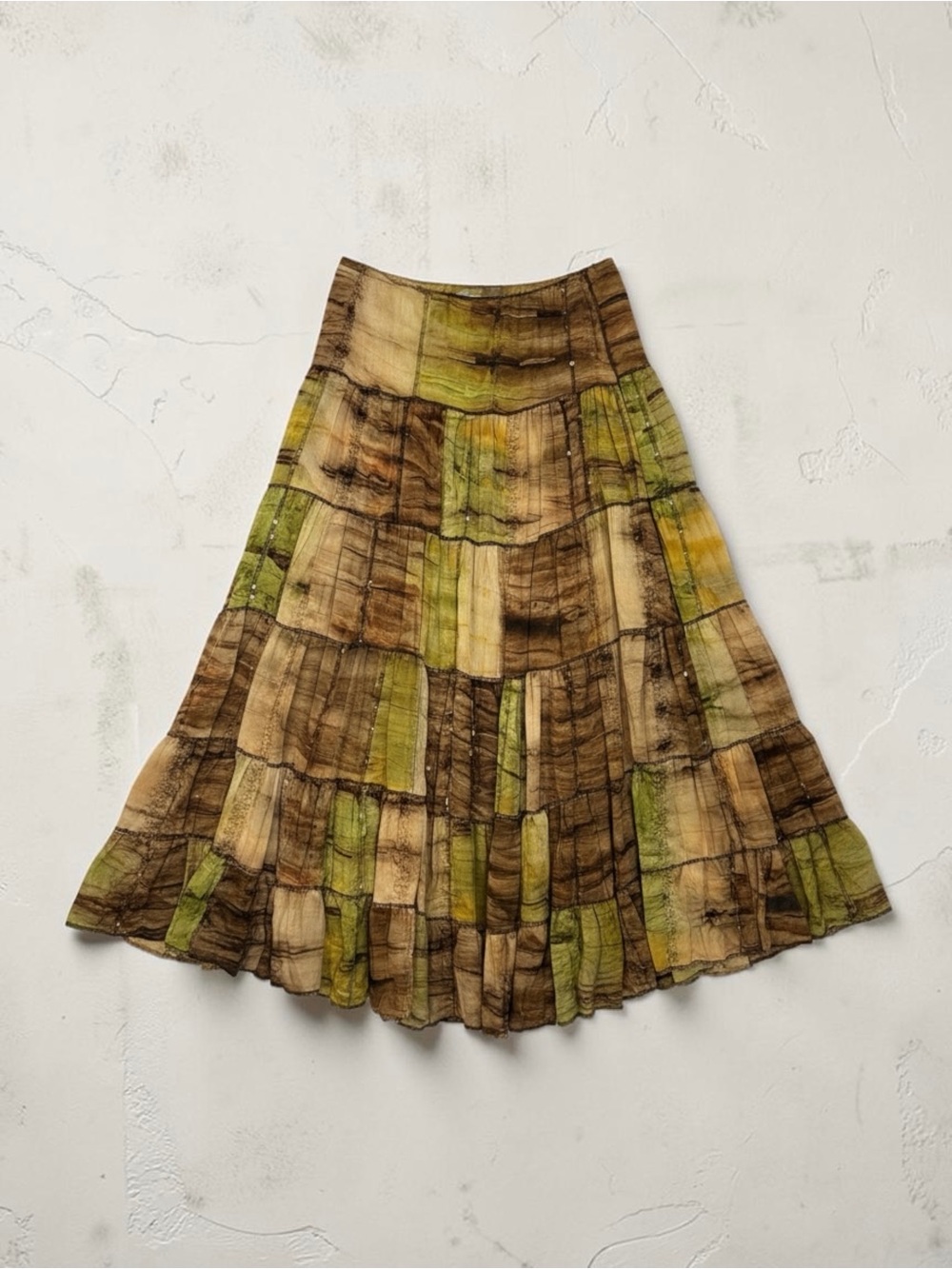 Y2K Fairycore Patchwork A-Line Midi Skirt in Brown & Green